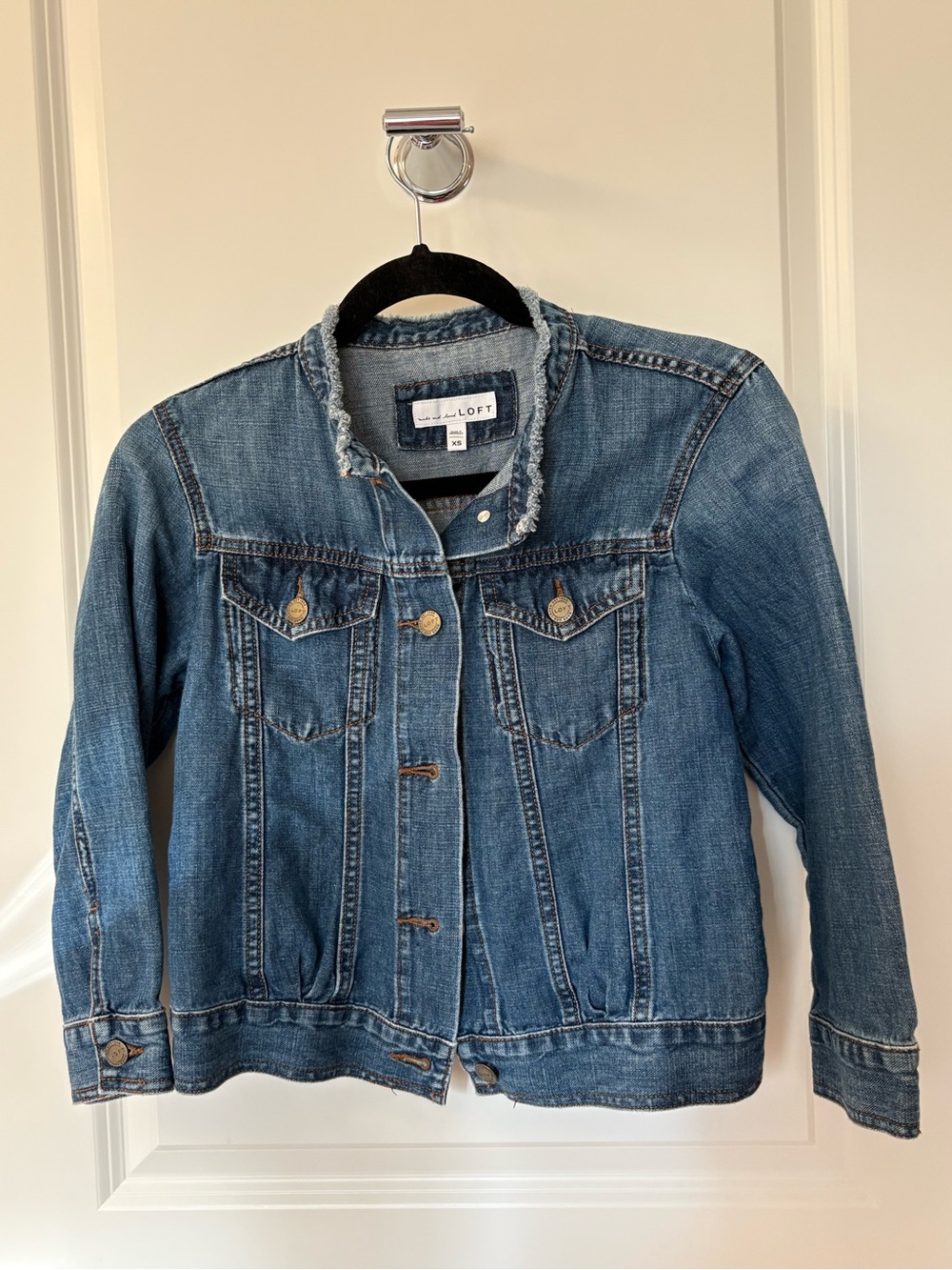 LOFT Medium Blue Denim Jacket with Frayed Collar